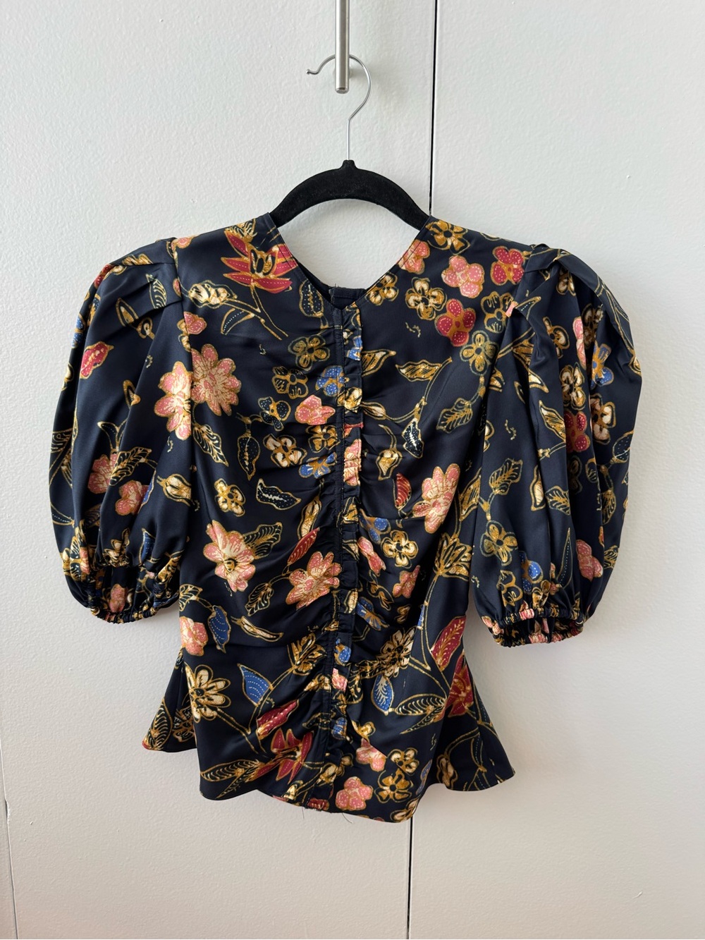 Ulla Johnson Black Floral Puff-Sleeve Peplum Top with Gold Accents